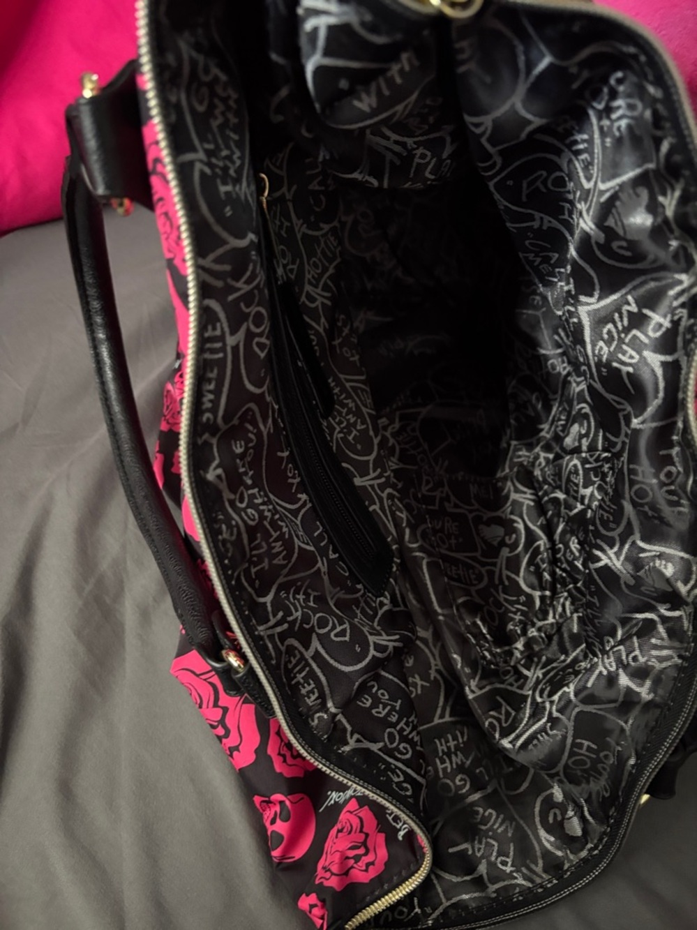 Betsey Johnson Black & Hot Pink Skull and Rose Tote - Picture 4 of 8